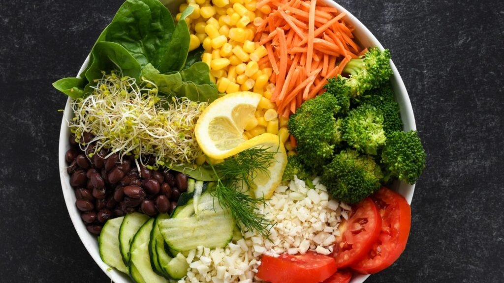 Top view of a vibrant salad bowl with fresh vegetables