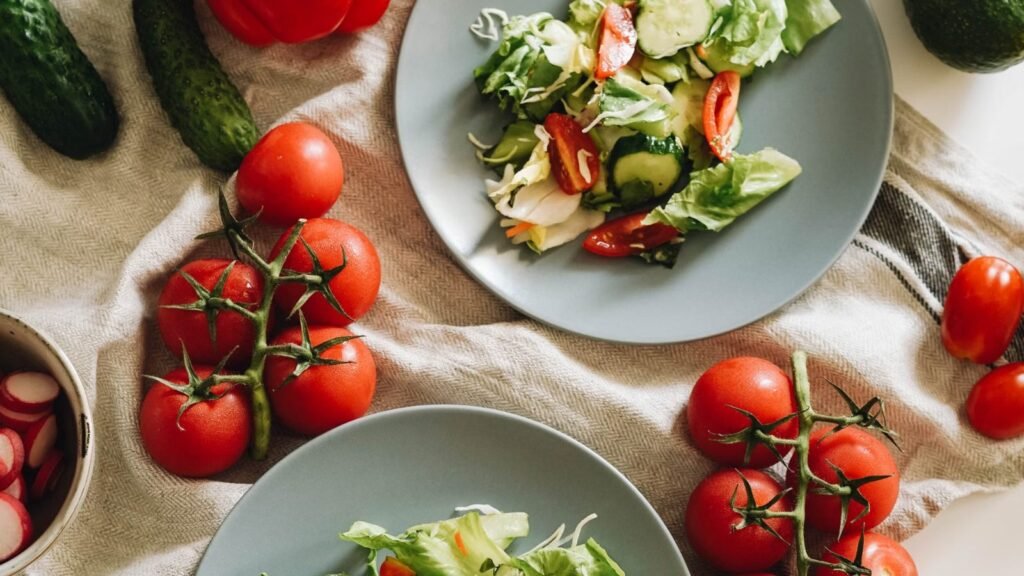 Top view of a vibrant vegetable salad with fresh ingredients