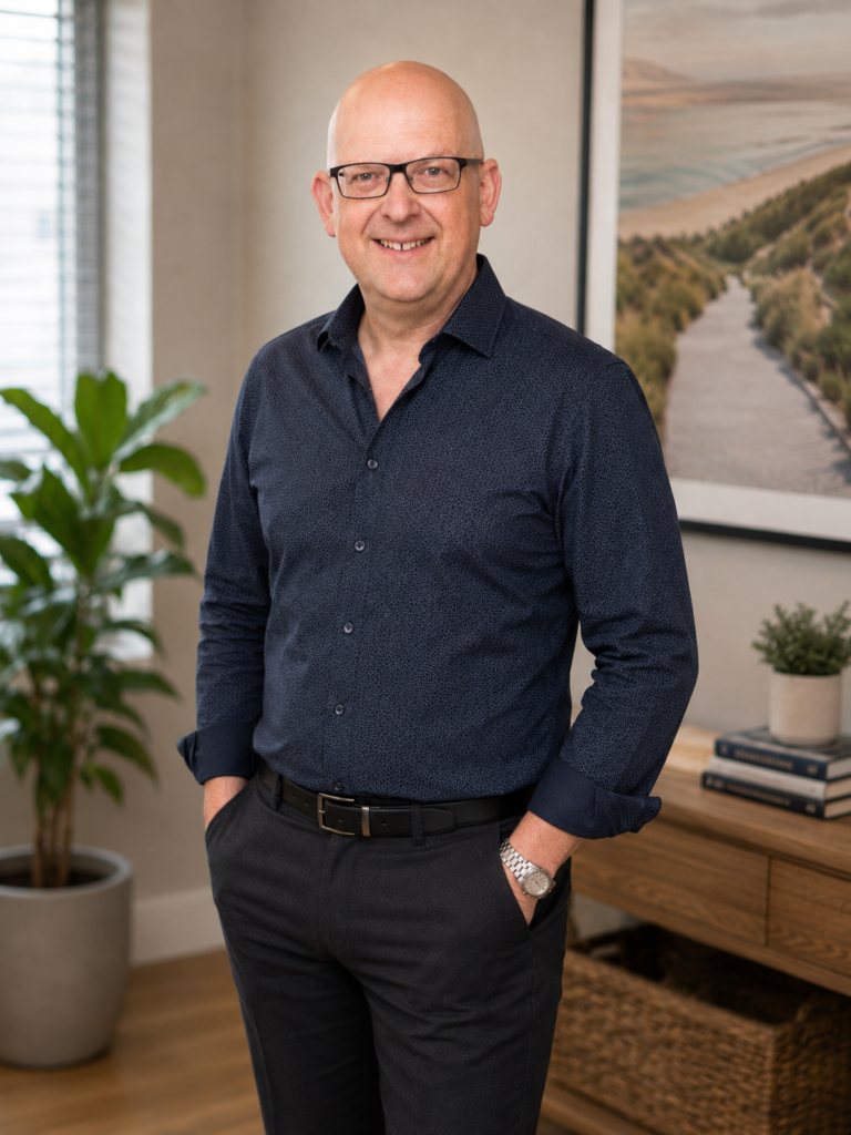 Mark Darlington, online confidence coach, standing and smiling in a calm, softly lit room