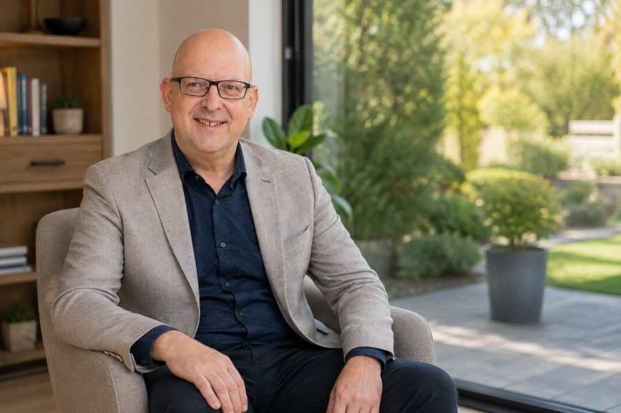 Mark Darlington, online confidence coach, seated at home with a garden visible behind him